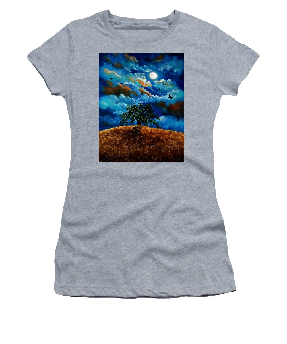Ravens Women's T-Shirt featuring the painting Ravens in a Moonlit Landscape by Laura Iverson