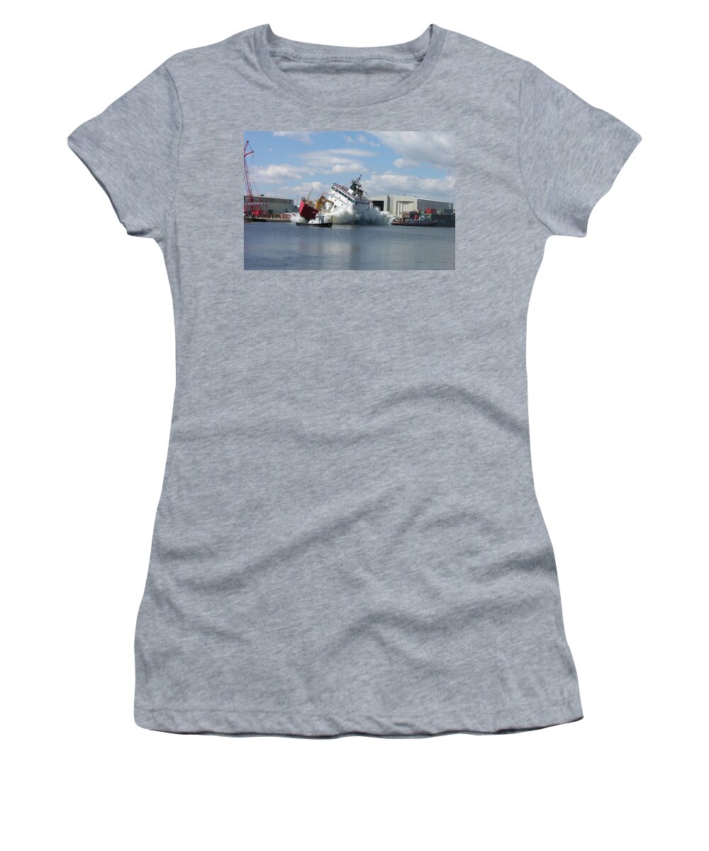 Mackinaw Women's T-Shirt featuring the photograph Splash launch of the Coast Guard Cutter Mackinaw by Keith Stokes