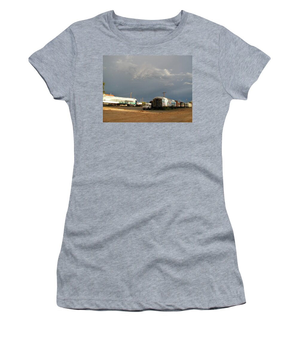 Train Women's T-Shirt featuring the photograph Storm Sky over the Old Railyard by Kathleen Grace
