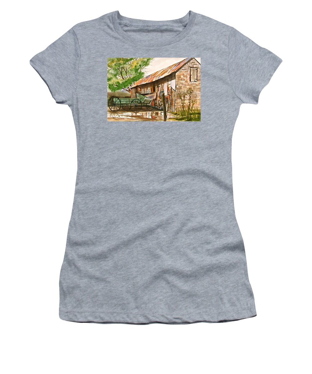 Barn Women's T-Shirt featuring the painting Summer Shower by Frank SantAgata