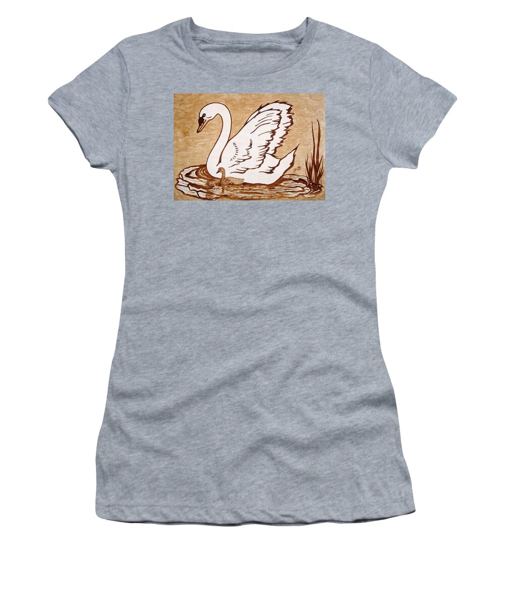 Swan Coffee Art Women's T-Shirt featuring the painting Swan with chick original coffee painting by Georgeta Blanaru
