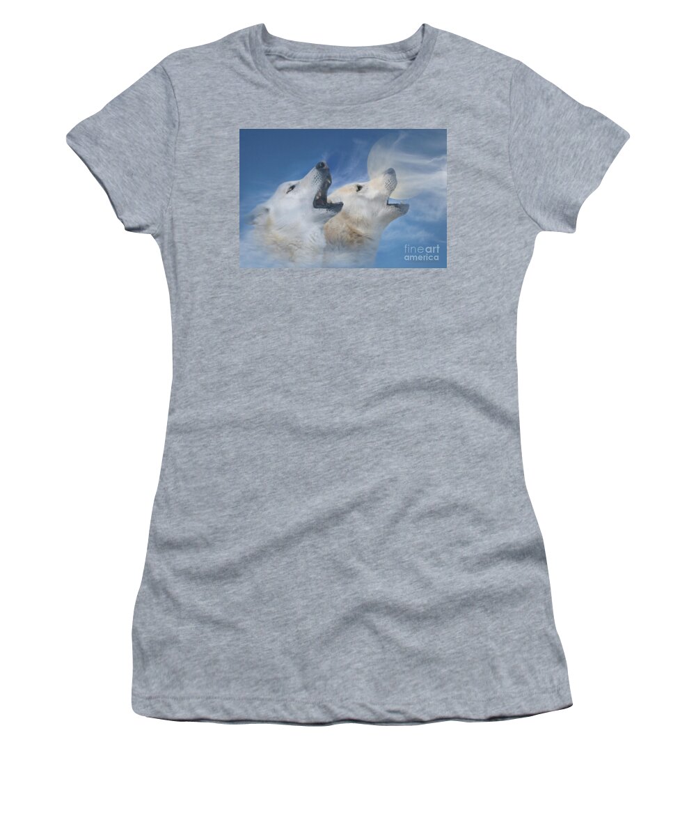 Wolves Howling At The Moon Women's T-Shirt featuring the photograph Wolves Howling at the Moon Surreal Fantasy by Stephanie Laird