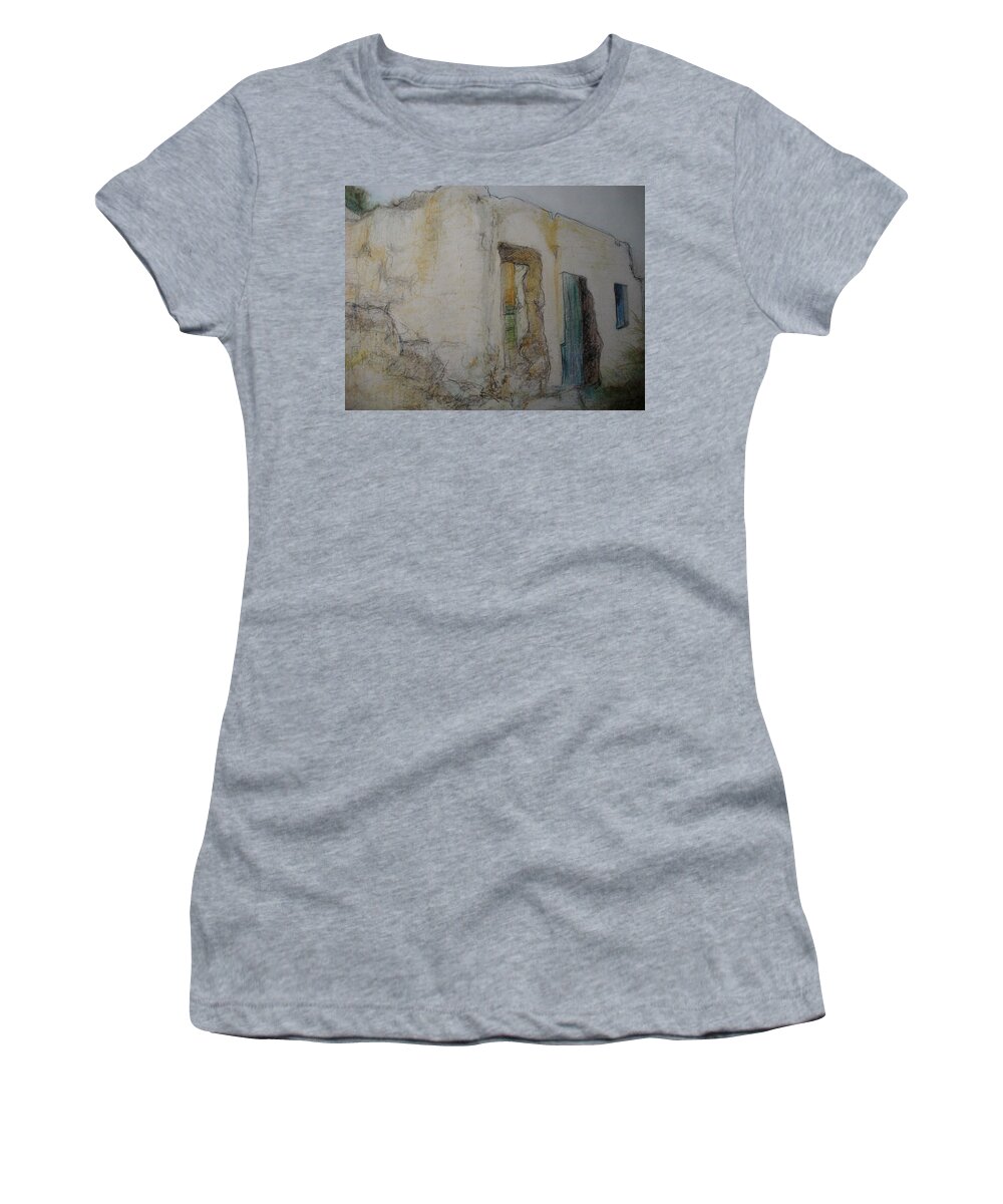 Greek Buildings Women's T-Shirt featuring the drawing the woman next door I by Diane montana Jansson