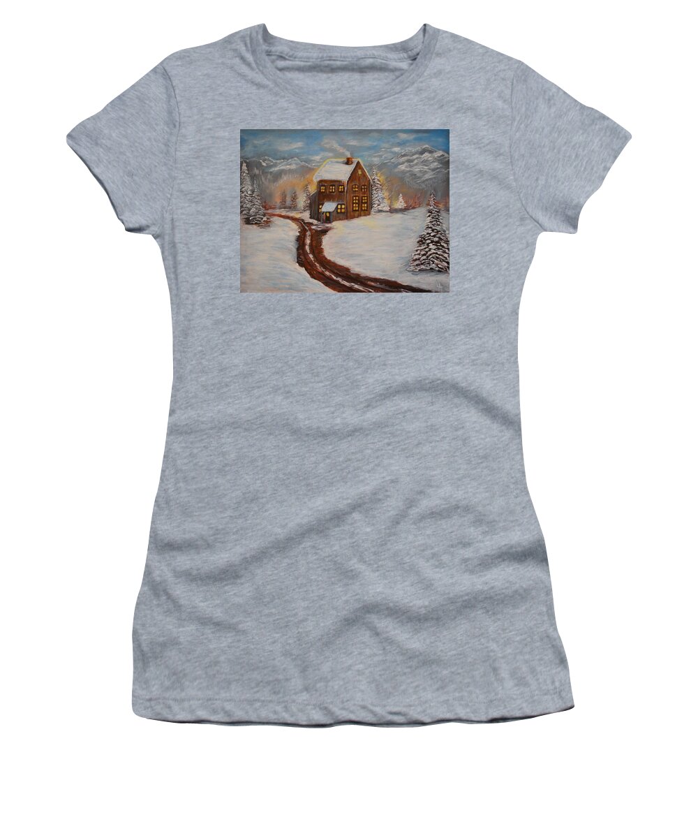 Log Cabin Women's T-Shirt featuring the painting Toasty Cabin by Leslie Allen