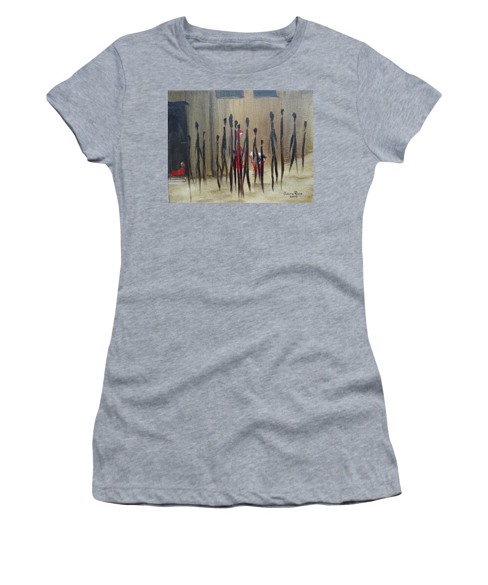 Homeless Women's T-Shirt featuring the painting Too Busy to Notice by Judith Rhue