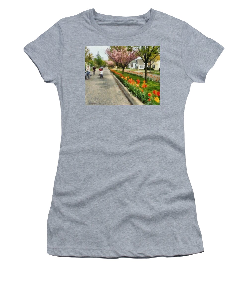 Holland Women's T-Shirt featuring the photograph Tulips on the Boulevard Holland Michigan by Michelle Calkins