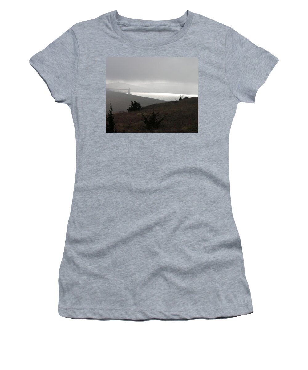 Kansas Women's T-Shirt featuring the photograph Wilson Lake in November fog by Keith Stokes