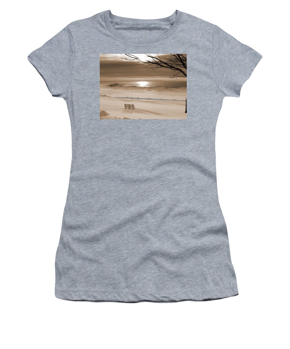 Algoma Women's T-Shirt featuring the photograph Winter Beach Morning sepia by Bill Pevlor