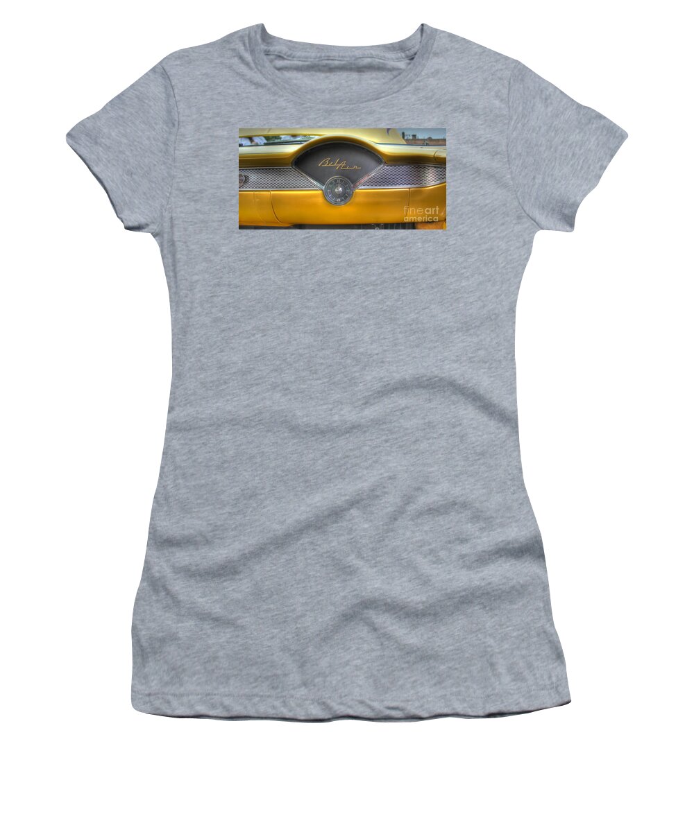 Yellow Chevy Bel Air Glove Box And Clockface Women's T-Shirt featuring the photograph Yellow Chevy Bel Air Dashboard by Lee Dos Santos