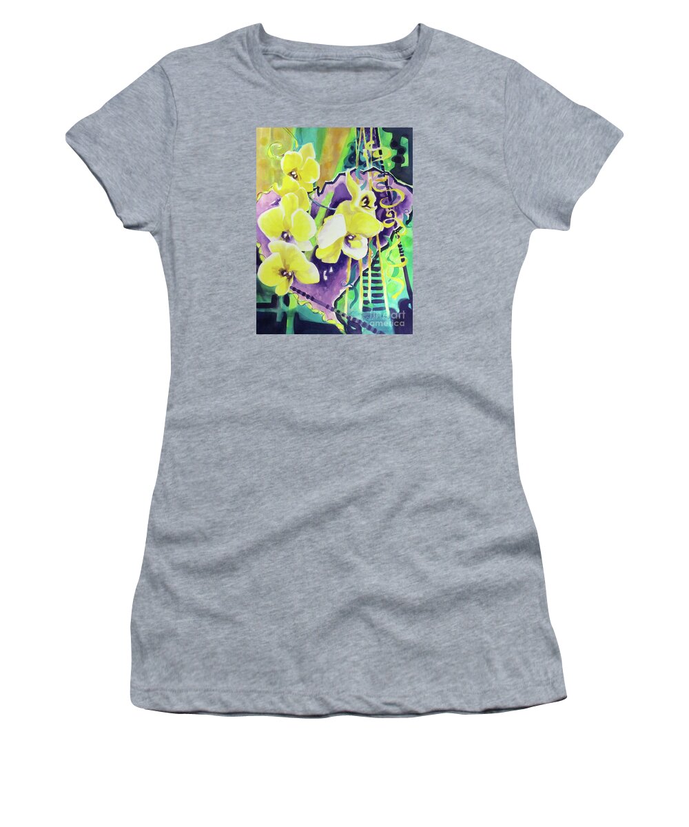Paintings Women's T-Shirt featuring the painting Yellow Orchids of the Heart by Kathy Braud