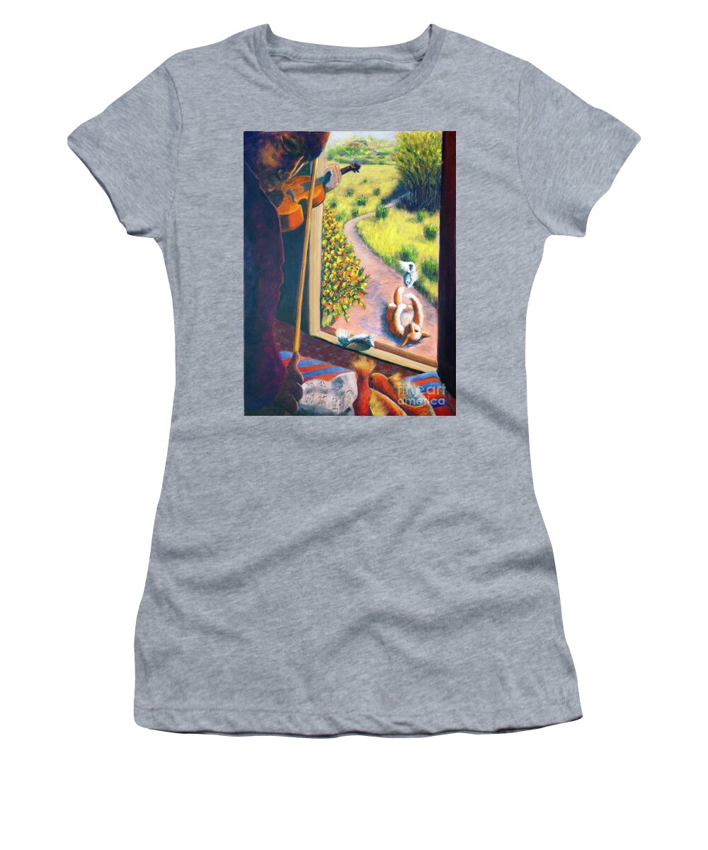 Cat Women's T-Shirt featuring the painting 01349 The Cat and The Fiddle by AnneKarin Glass