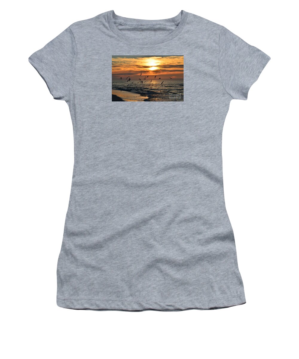 20120221 Women's T-Shirt featuring the photograph 0221 Gang of Gulls at Sunrise on Navarre Beach by Jeff at JSJ Photography