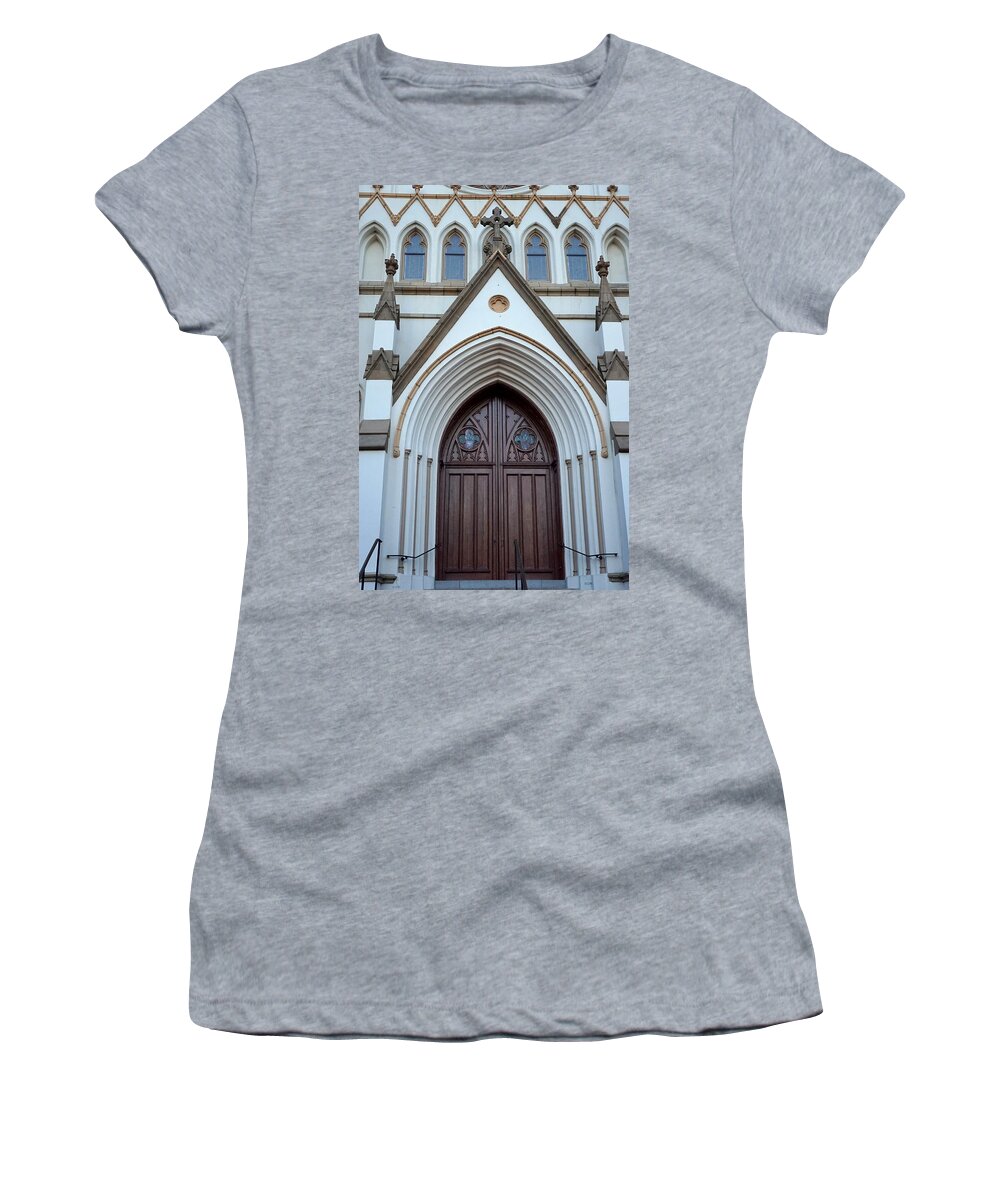 Cathedral Of St. John The Baptist Women's T-Shirt featuring the photograph Cathedral Doors by Laurie Perry