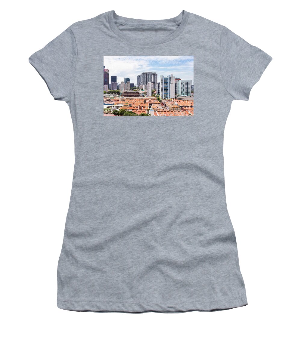 Buddha Tooth Relic Temple Women's T-Shirt featuring the photograph Aerial view of Singapore Chinatown with the Buddha Tooth relic t #1 by Didier Marti