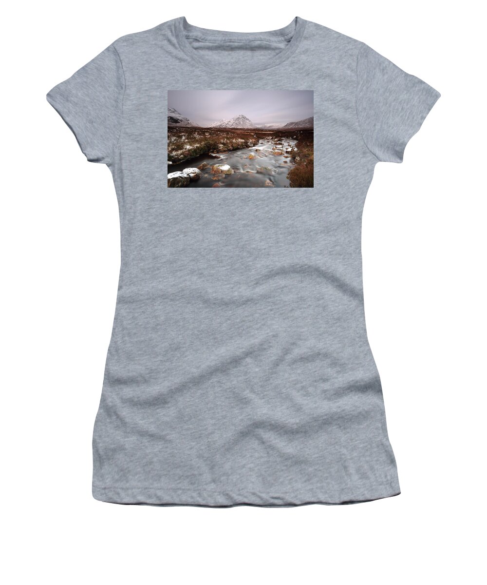 Allt Nan Giubhas Women's T-Shirt featuring the photograph Allt nan Giubhas and the peak of Stob Dearg #1 by Maria Gaellman