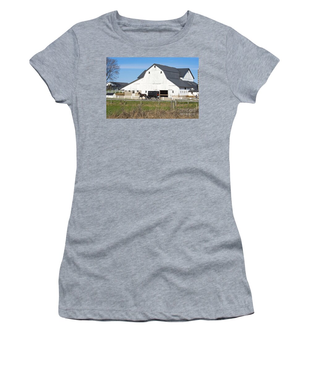 Amish Women's T-Shirt featuring the photograph Amish Buggy and White Barn #1 by David Arment