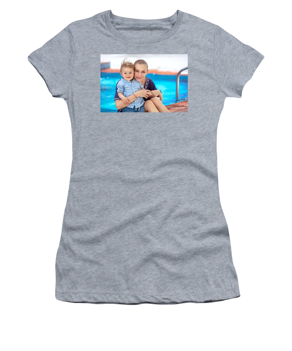 Activity Women's T-Shirt featuring the photograph Baby boy with mom on the beach resort #1 by Anna Om