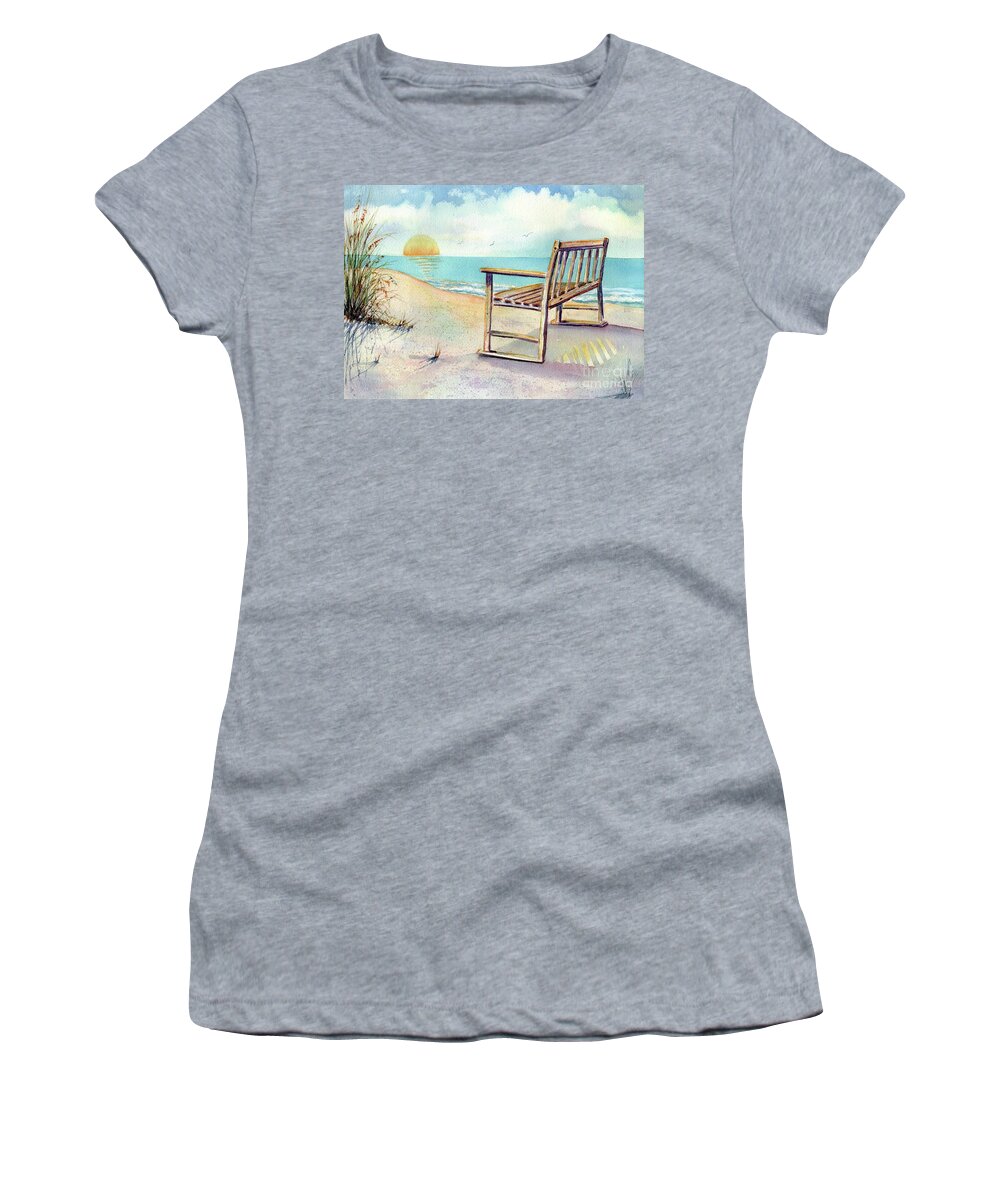 Beach Women's T-Shirt featuring the painting Beach Bench by Midge Pippel