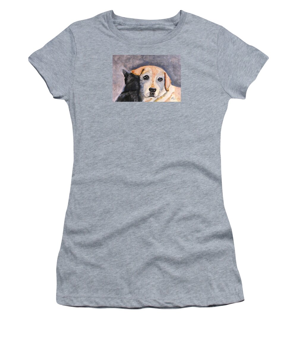 Yellow Labs Women's T-Shirt featuring the painting Best Friends #1 by Angela Davies