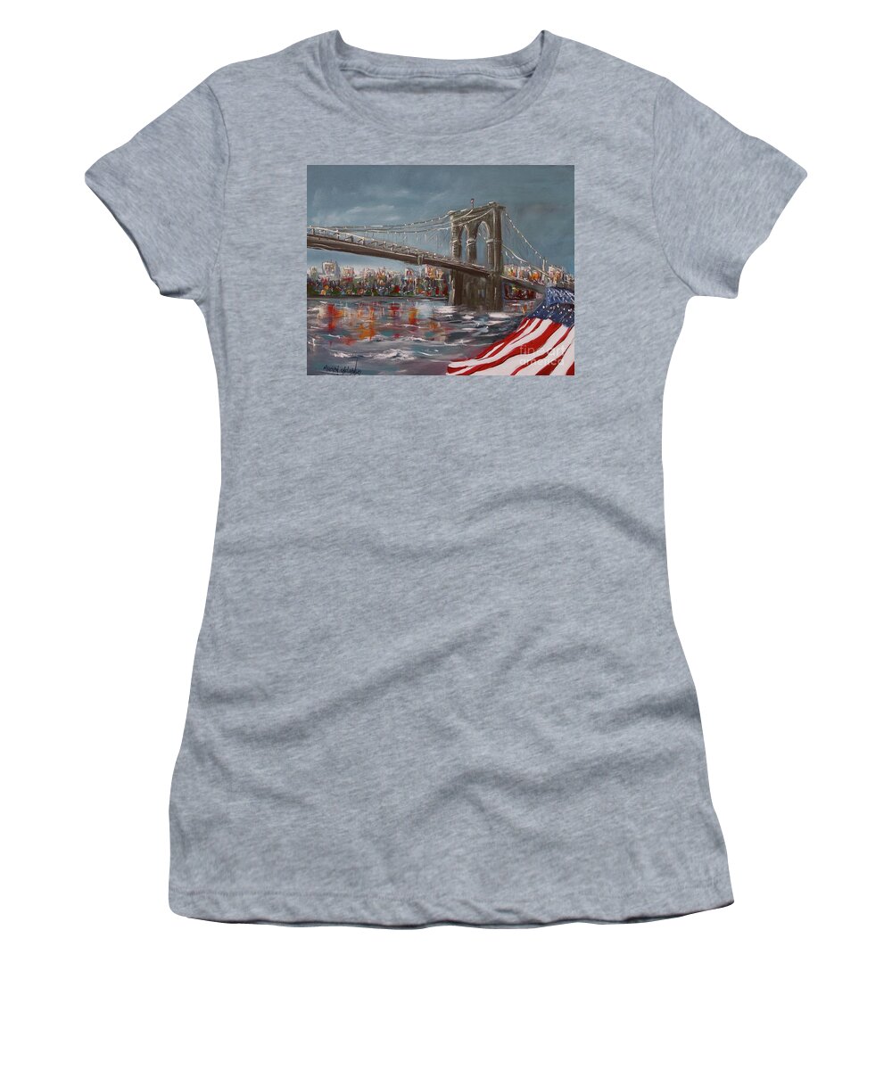 Brooklyn Bridge New York Town Big Apple Blue Evening American Flag Red White Manhattan Usa Lights Street Water Bay River Reflection Colors Acrylic Painting On Canvas Print Miroslaw Chelchowski Women's T-Shirt featuring the painting Brooklyn Bridge #1 by Miroslaw Chelchowski