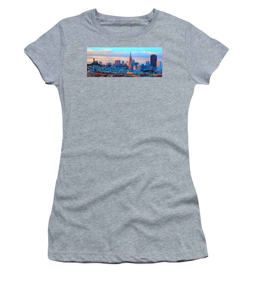 Barbara Snyder Women's T-Shirt featuring the photograph Dawn Skyline San Francisco Painting #2 by Barbara Snyder