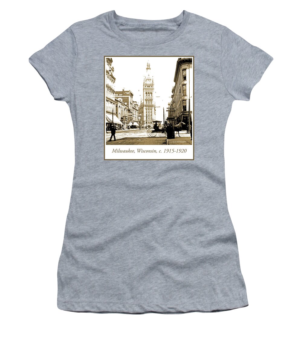 Documentary Women's T-Shirt featuring the photograph Downtown Milwaukee, c. 1915-1920, Vintage Photograph #3 by A Macarthur Gurmankin