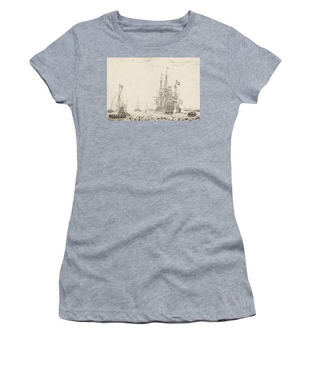 Dolphins Women's T-Shirt featuring the drawing Dutch Ships near the Coast by Willem van de Velde the Elder