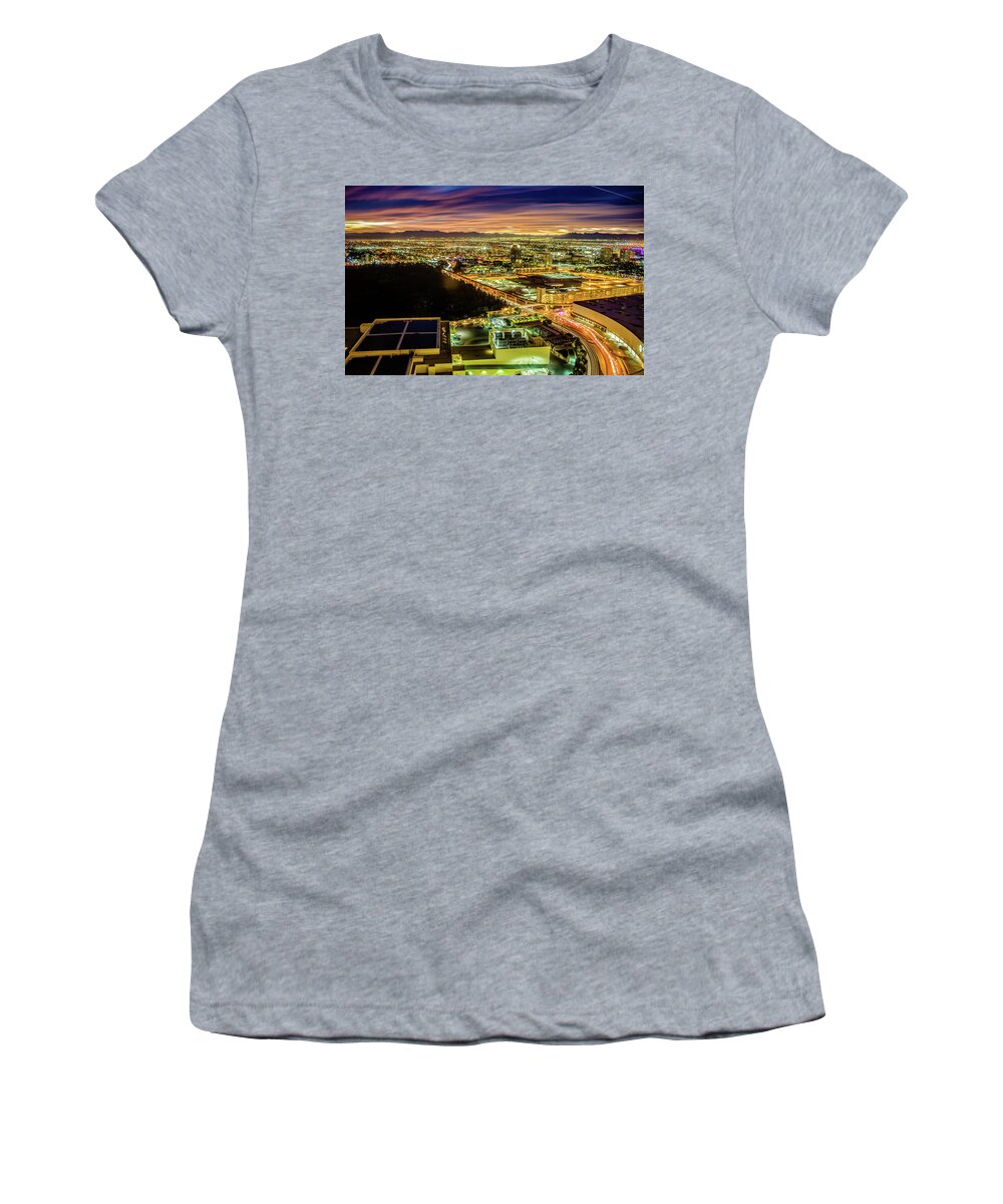 Night Women's T-Shirt featuring the photograph Early Morning Sunrise Over Valley Of Fire And Las Vegas #1 by Alex Grichenko