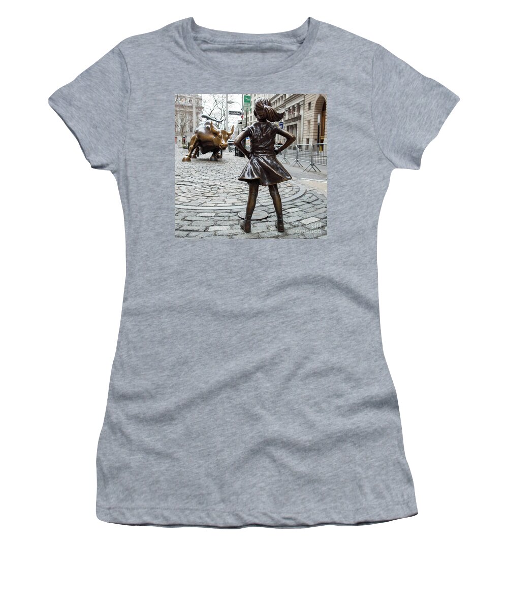 Computer Women's T-Shirt featuring the photograph Vintage Fearless Girl and Wall Street Bull Statue by Doc Braham