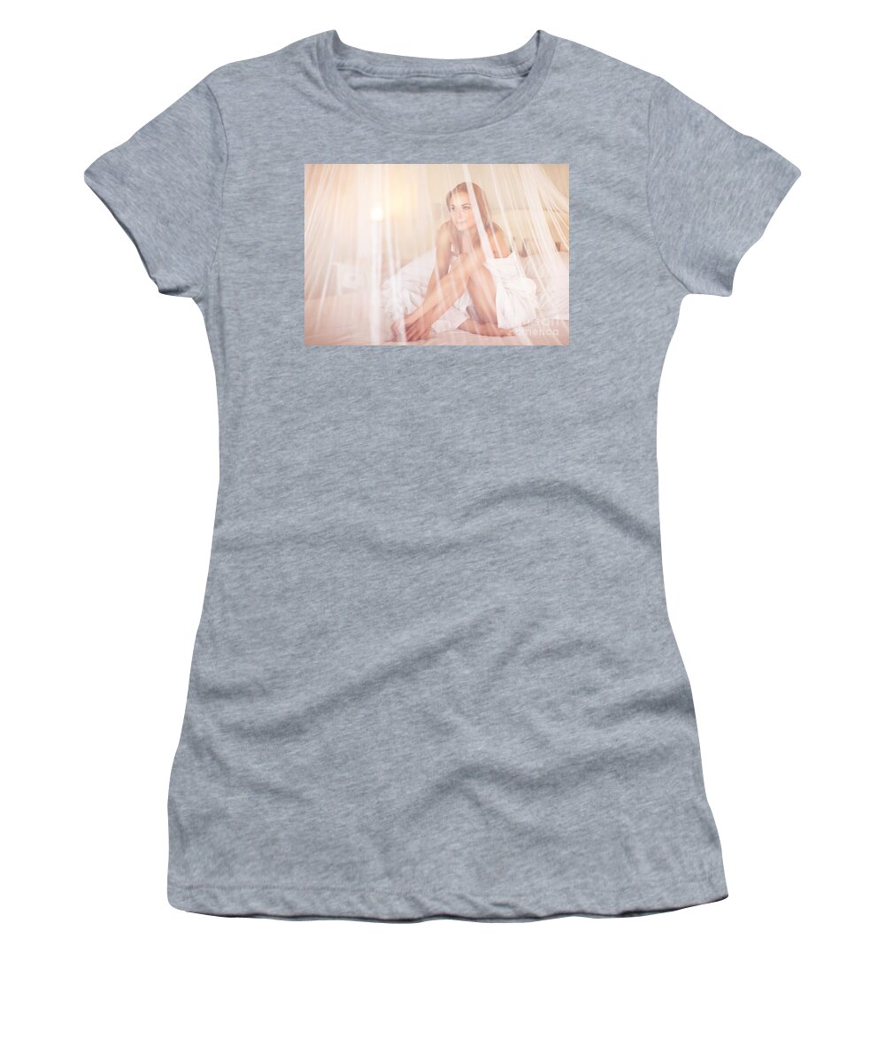 Adult Women's T-Shirt featuring the photograph Gentle woman in the bed #1 by Anna Om