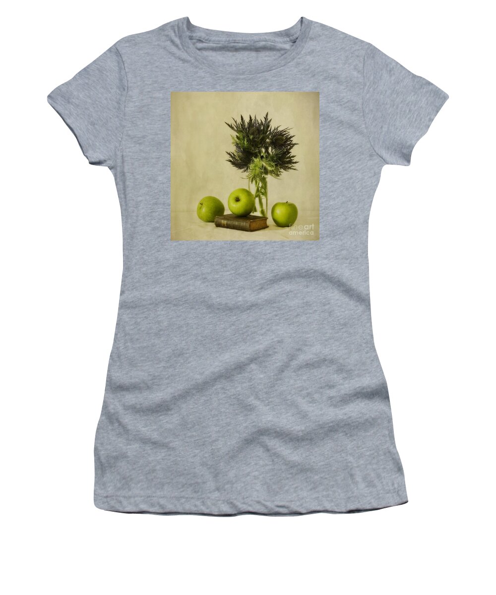 Apples Women's T-Shirt featuring the photograph Green Apples And Blue Thistles #1 by Priska Wettstein
