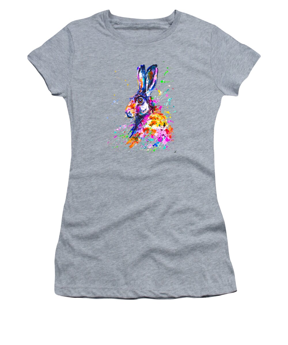 Hare Women's T-Shirt featuring the painting Hare in Grass #1 by Zaira Dzhaubaeva