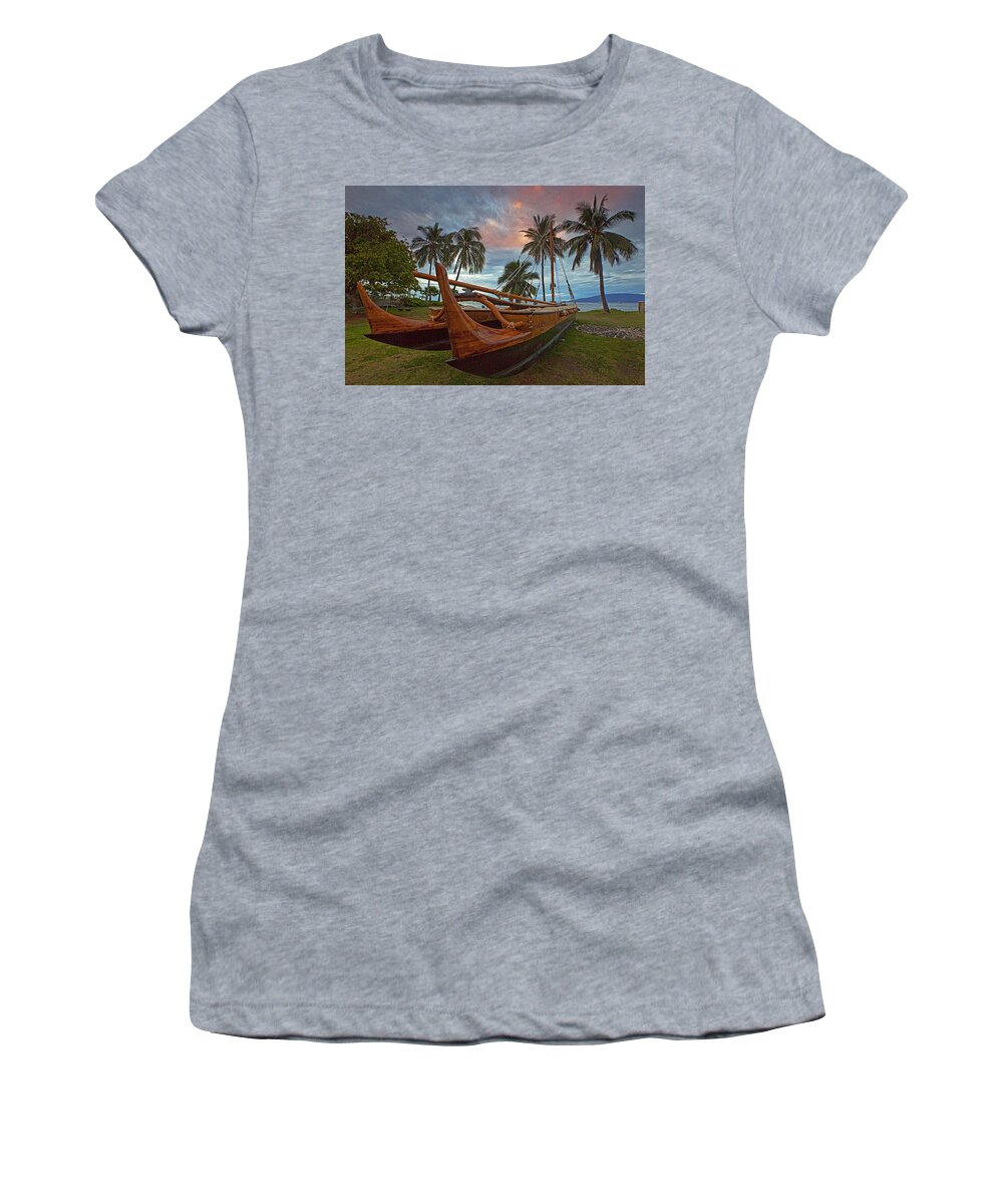 Maui Hawaii Sailing Canoe Palmtrees Sunset Women's T-Shirt featuring the photograph Hawaiian Sailing Canoe #1 by James Roemmling