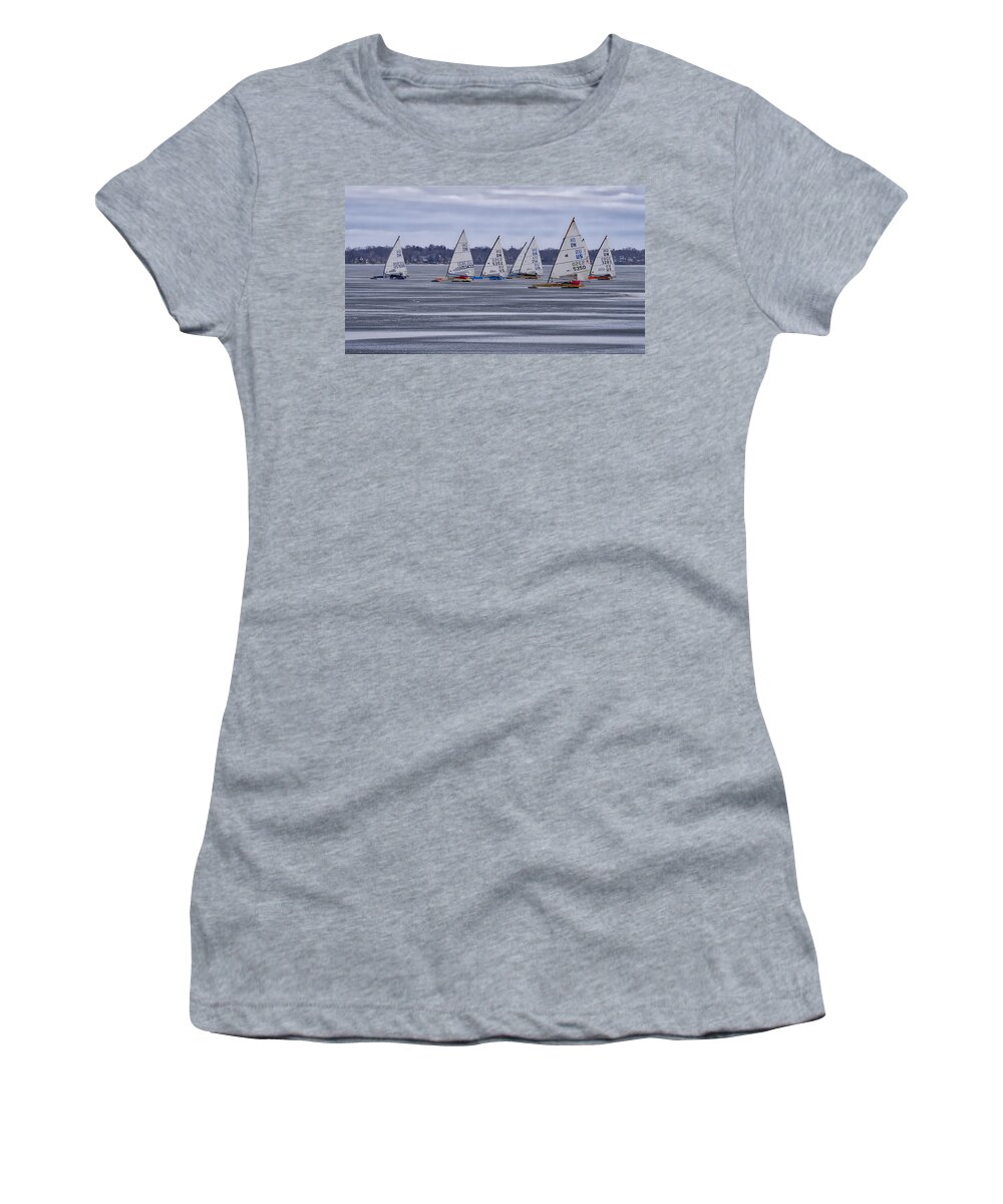 Ice Boats Women's T-Shirt featuring the photograph ice sailing - Madison - Wisconsin by Steven Ralser