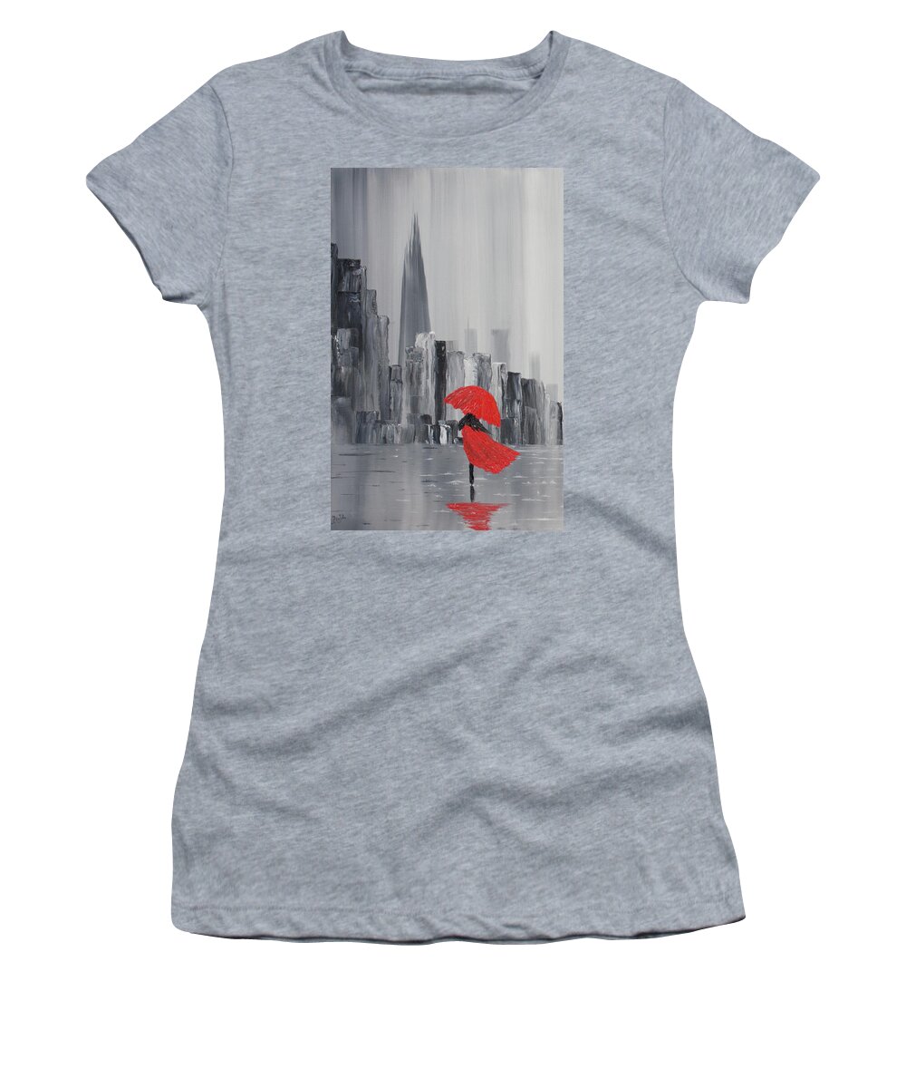 London Women's T-Shirt featuring the painting Lady in Red Dress and Red Umbrella Walking Alone through a Storm Lashed London Street to the Shard by Russell Collins