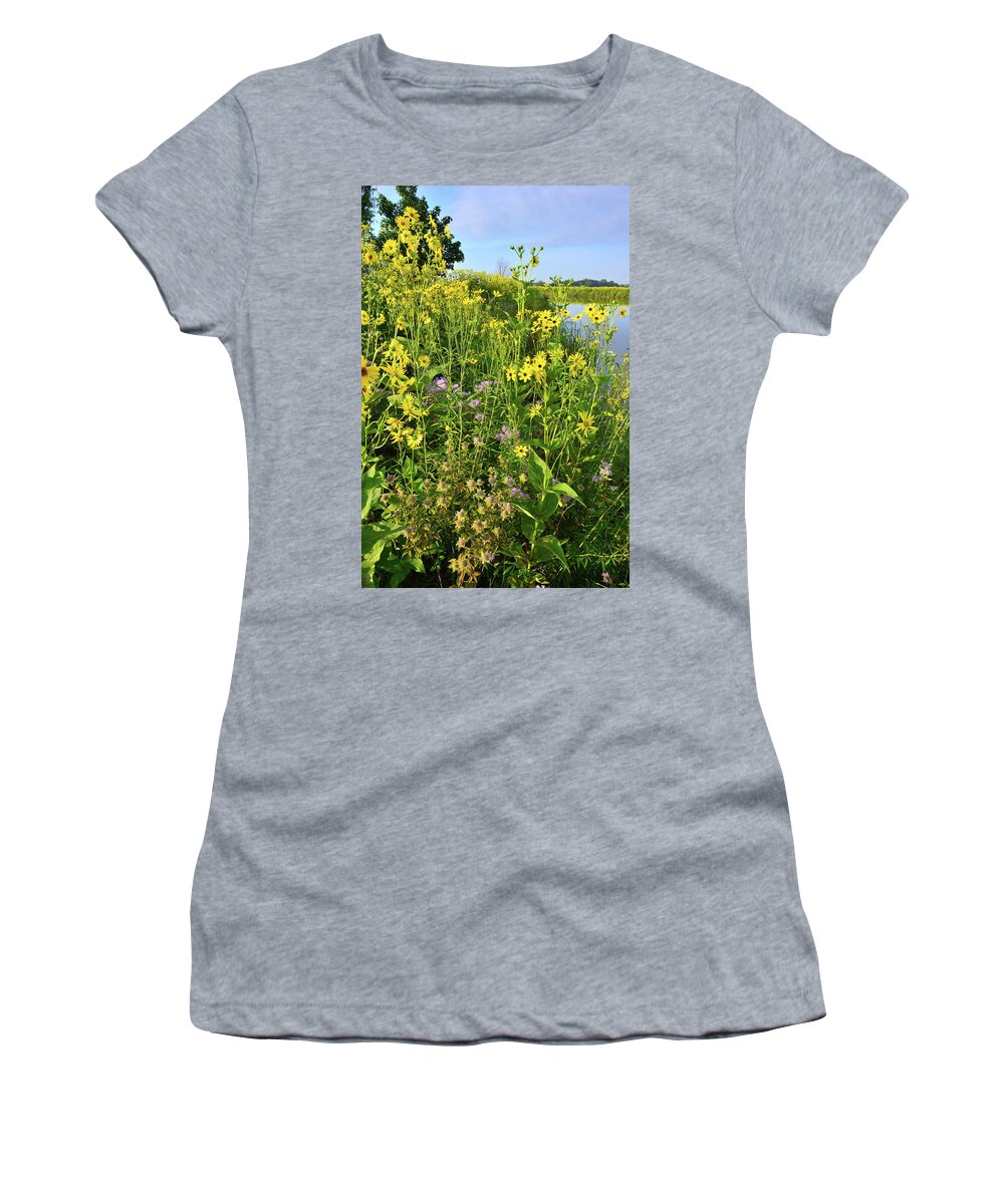 Sunflowers Women's T-Shirt featuring the photograph Lakeside Wildflowers #1 by Ray Mathis