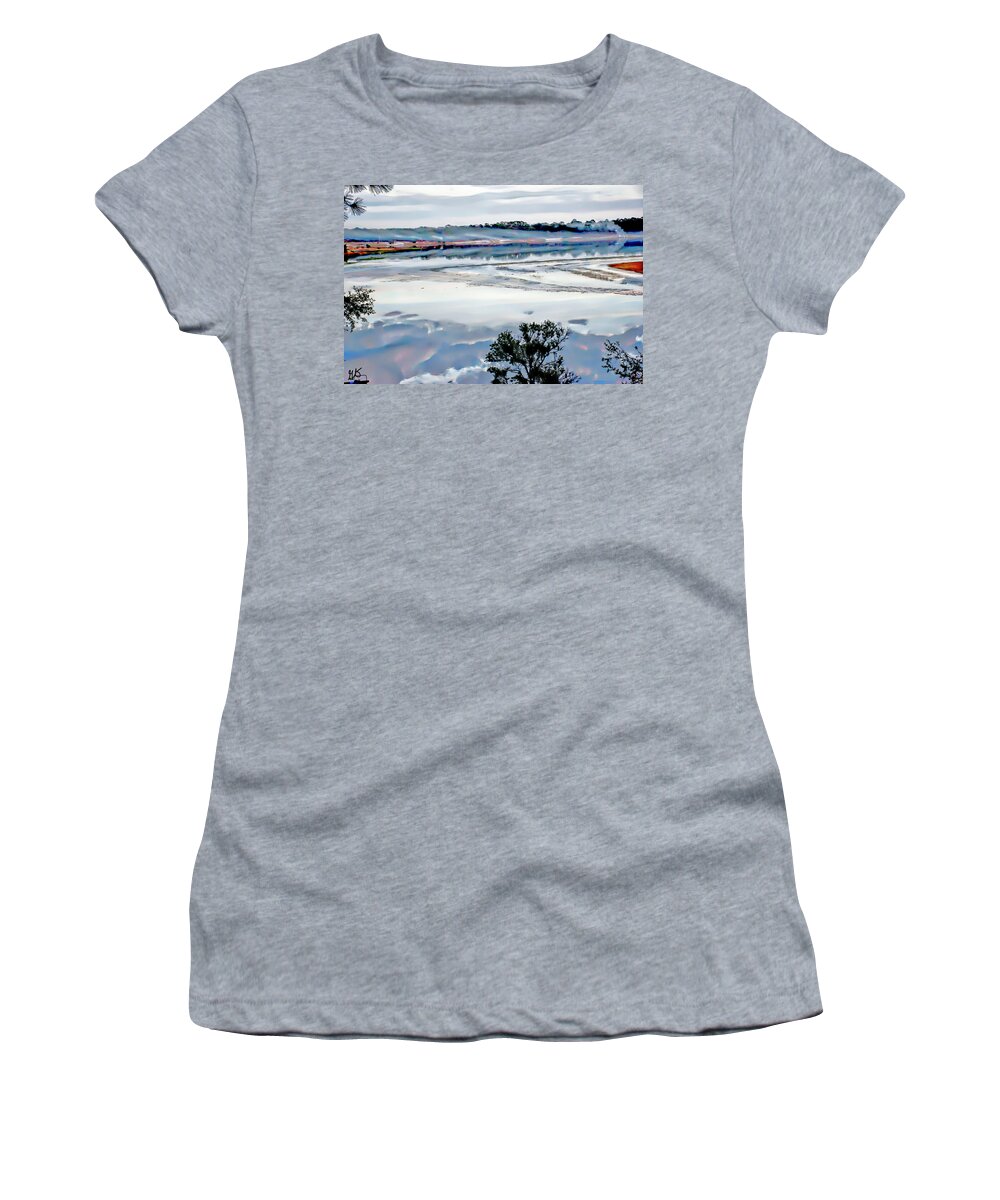 Misty Women's T-Shirt featuring the photograph Misty Morning on Spring Lake #1 by Gina O'Brien