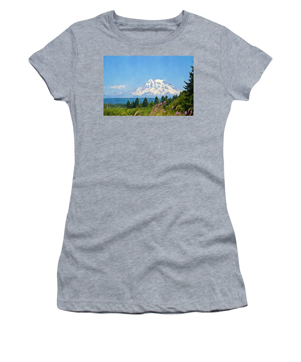 Mount Rainier National Park Women's T-Shirt featuring the photograph Mount Rainier Watercolor by Tatiana Travelways