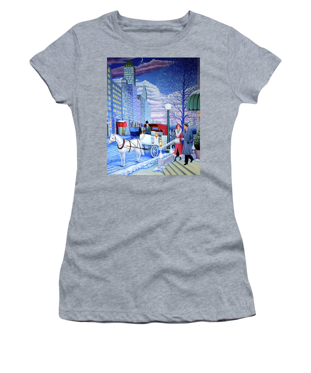 New York Snow Scene Women's T-Shirt featuring the painting Nightfall #2 by Tracy Dennison
