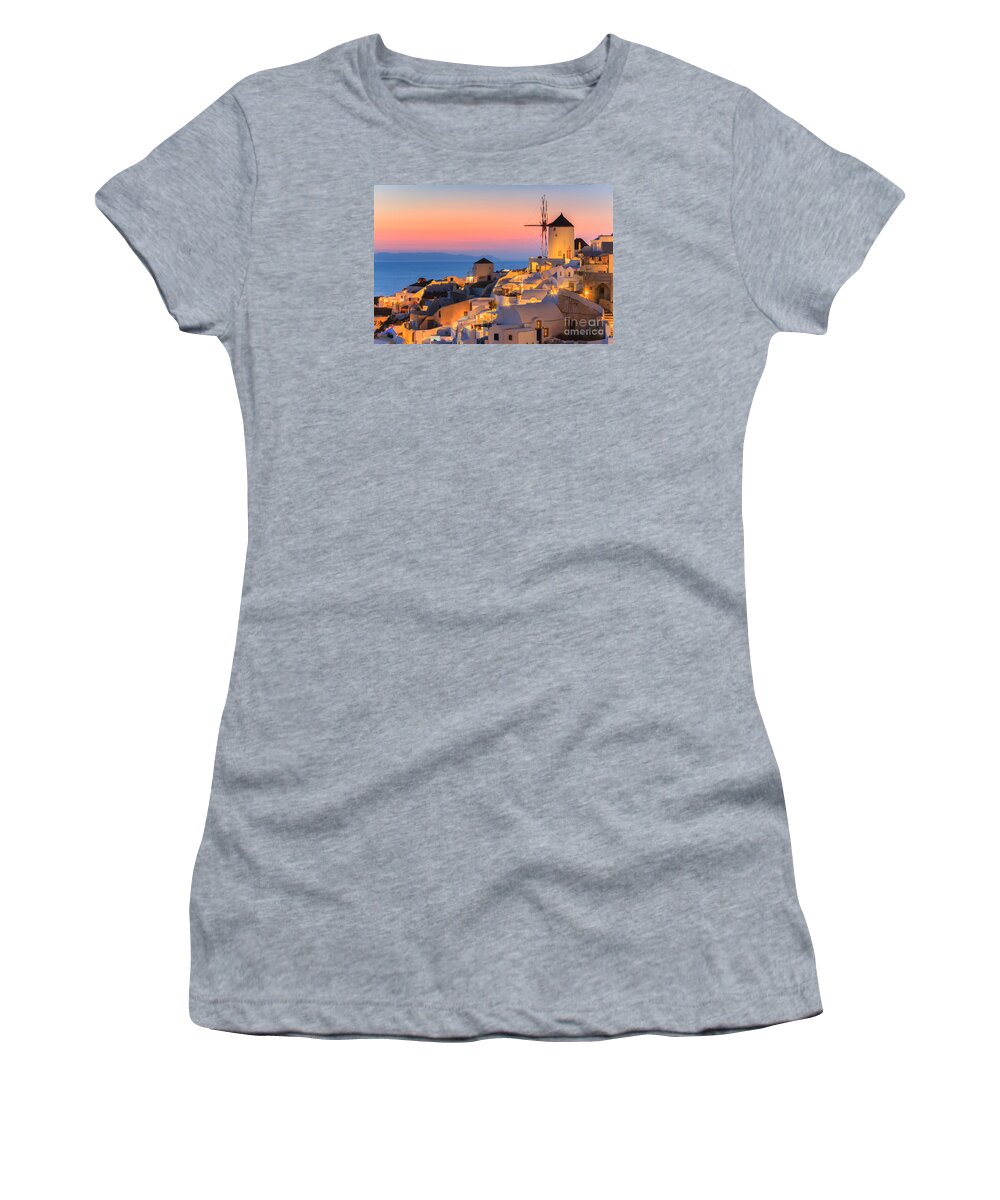 Greece Women's T-Shirt featuring the photograph Oia on Santorini at Sunset #1 by Henk Meijer Photography