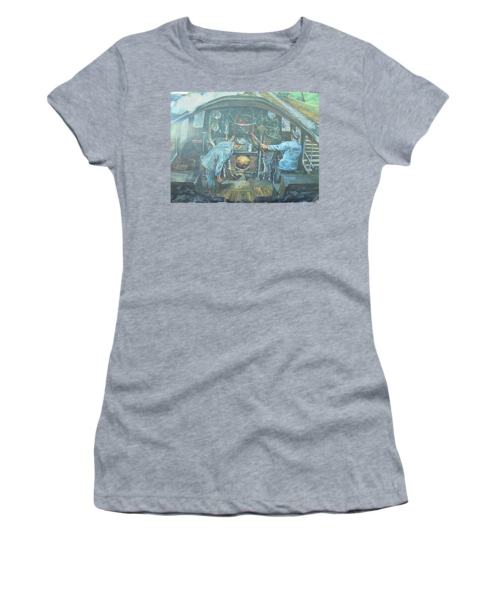 Footplate Women's T-Shirt featuring the painting On the footplate #1 by Mike Jeffries