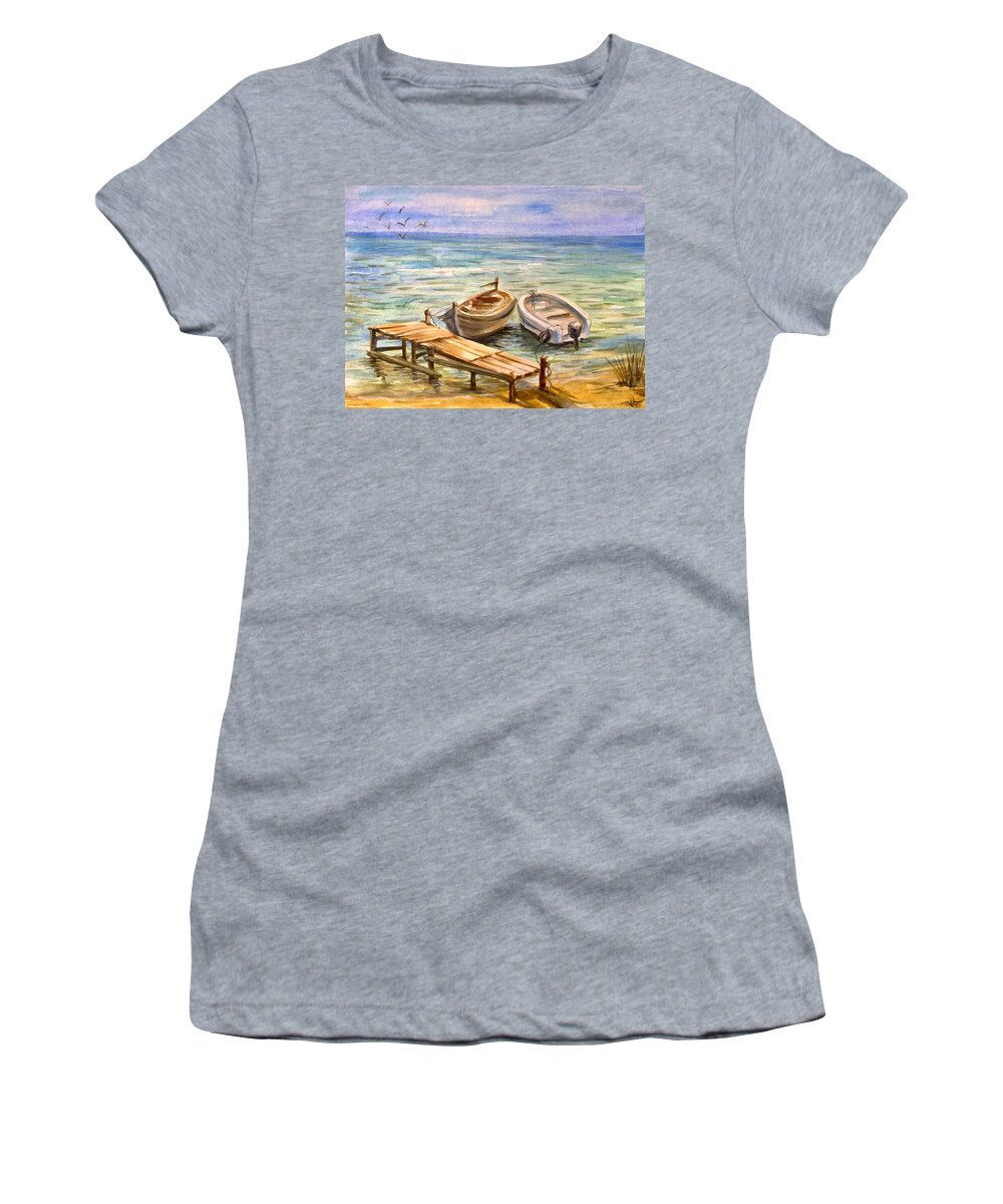 Ocean Women's T-Shirt featuring the painting Peaceful evening #2 by Katerina Kovatcheva