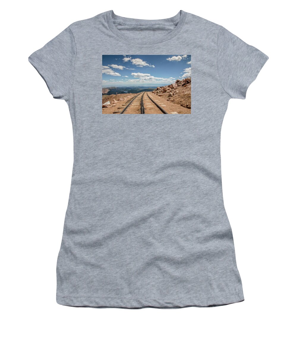 Architecture Women's T-Shirt featuring the photograph Pikes Peak Cog Railway Track at 14,110 Feet #1 by Peter Ciro