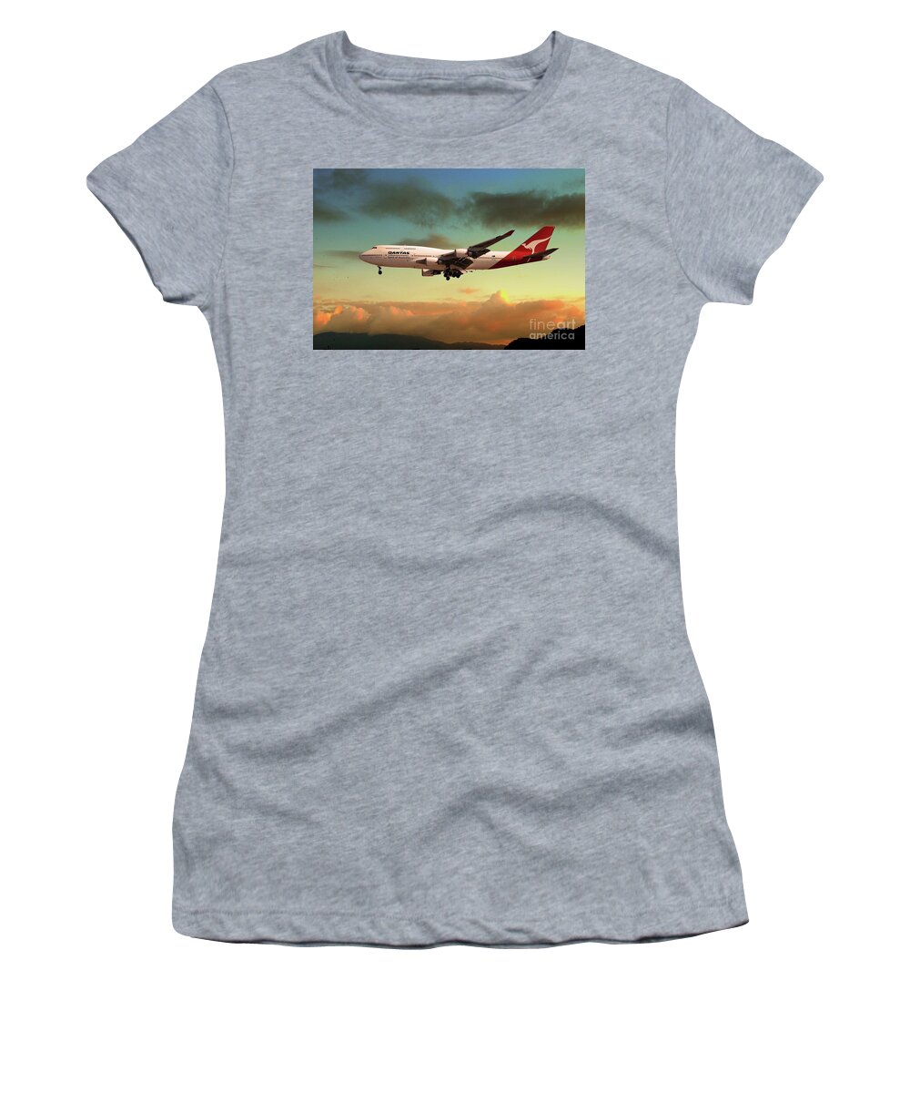 Qantas Women's T-Shirt featuring the digital art Qantas Boeing 747 by Airpower Art