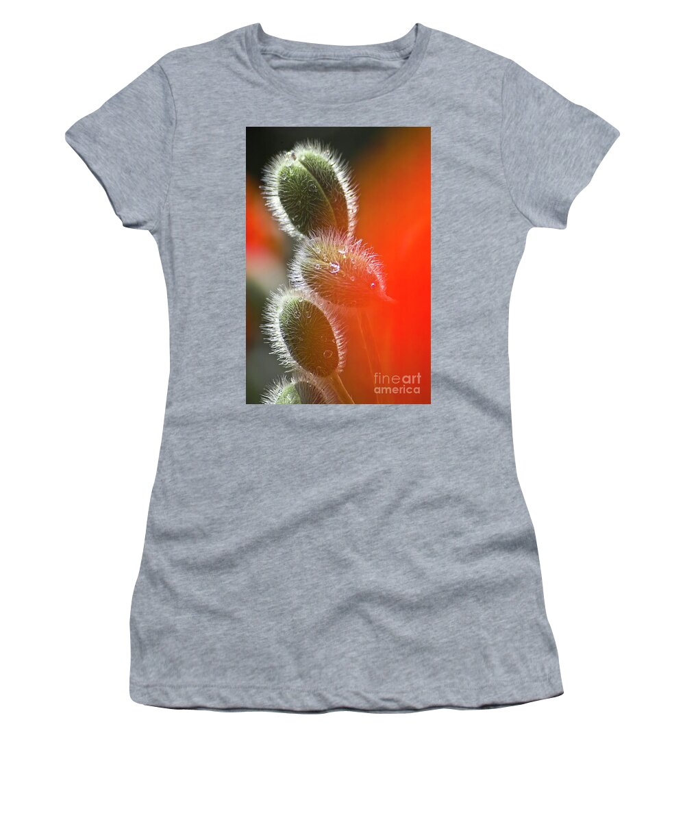 Poppy Women's T-Shirt featuring the photograph Red Corn Poppy Bud and Red Dots #1 by Heiko Koehrer-Wagner