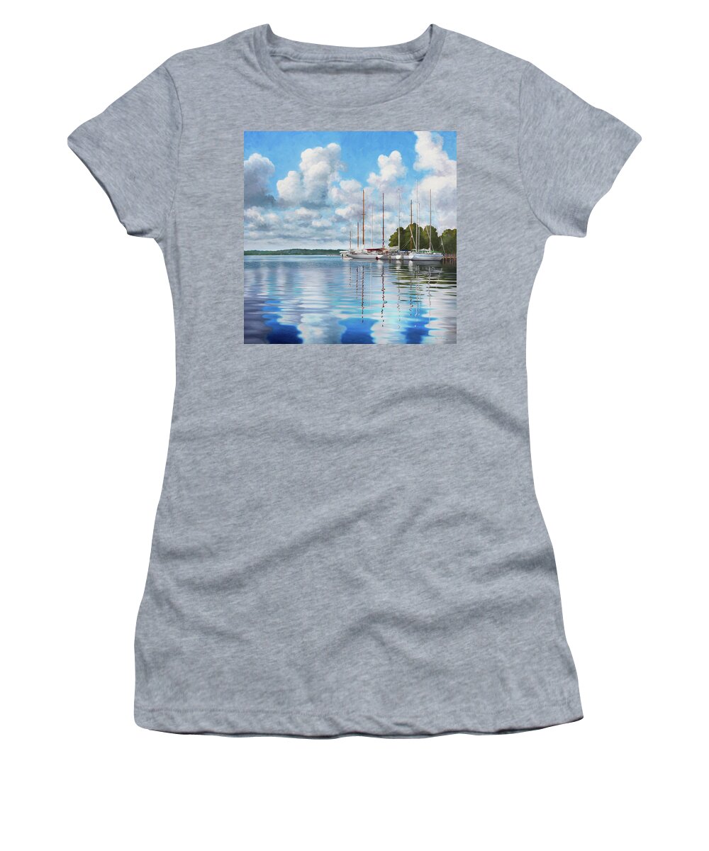 Guy Crittenden Art Women's T-Shirt featuring the painting Reflections on Fishing Bay by Guy Crittenden