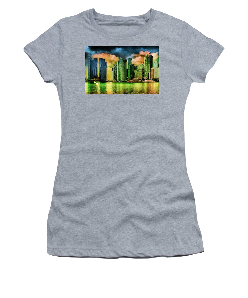 Cityscape Women's T-Shirt featuring the mixed media Singapore Skyline #1 by Joseph Hollingsworth