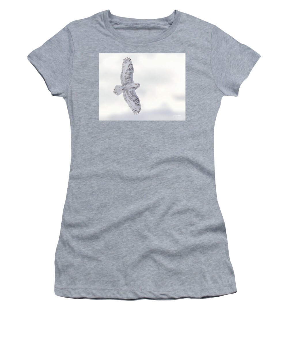 Owl Women's T-Shirt featuring the photograph Snowy flyby #1 by Don Anderson