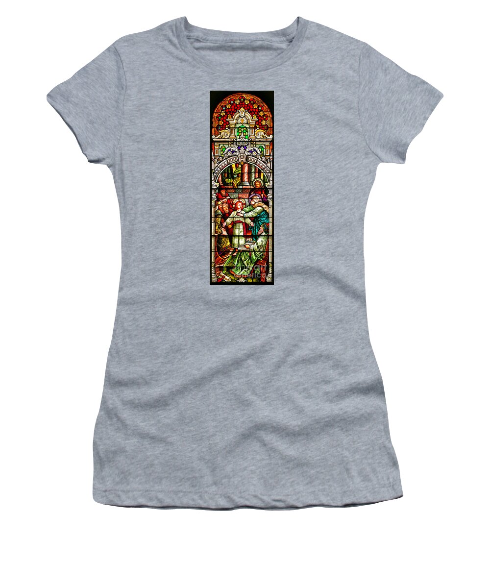 Cathedral Of The Plains Women's T-Shirt featuring the photograph Stained Glass Scene 3 Crop by Adam Jewell