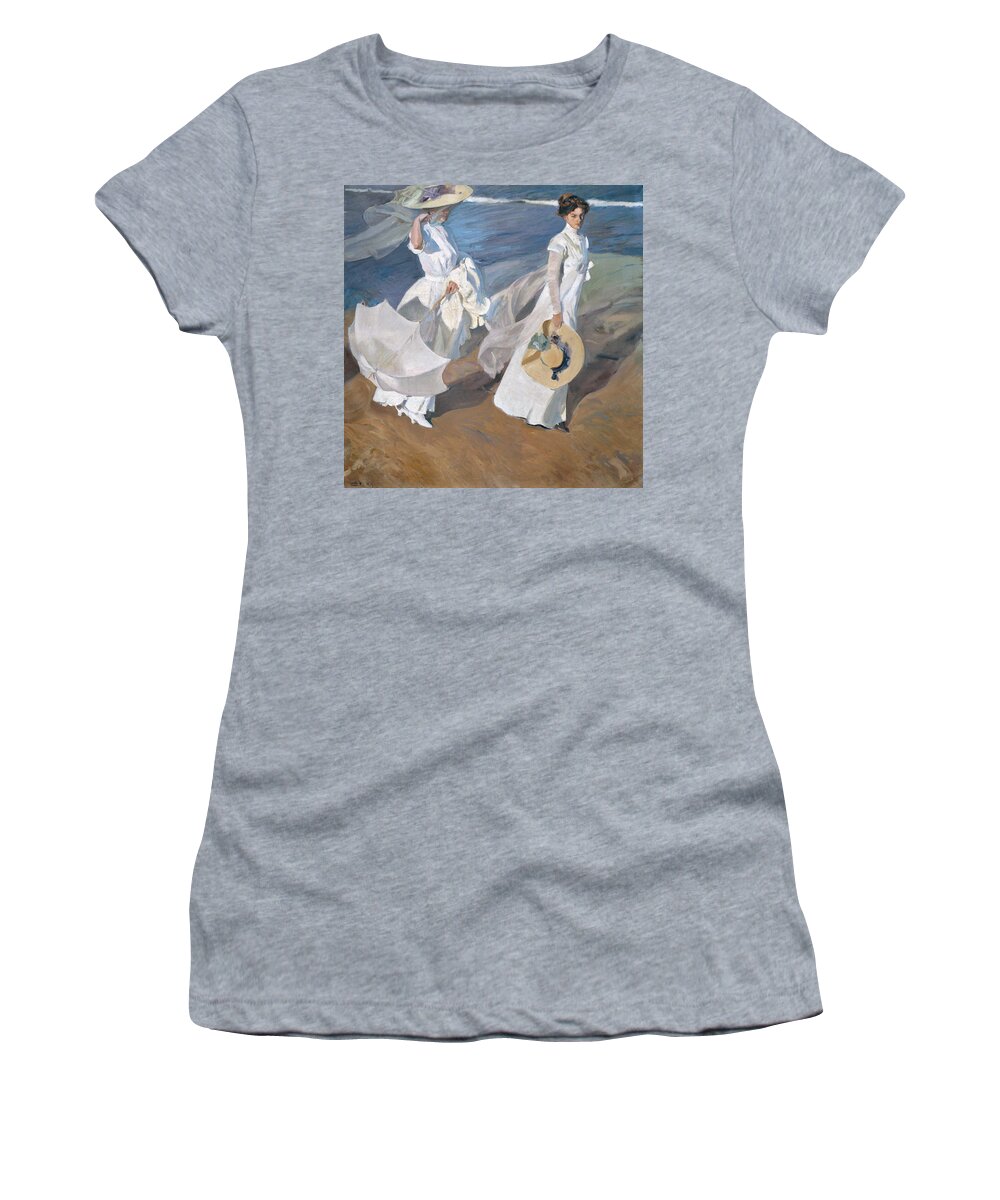 Joaqun Sorolla Y Bastida - Strolling Along The Seashore Women's T-Shirt featuring the painting Strolling along the Seashore #1 by Celestial Images